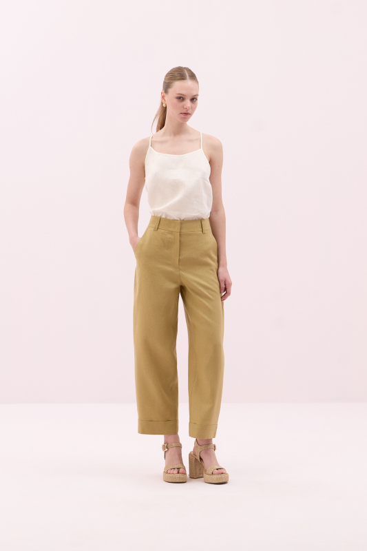 Keten Double Paça Pantolon Olive - 1