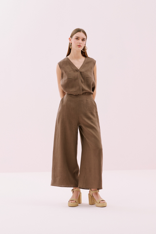 Keten Geniş Paça Pantolon Kahve - 1