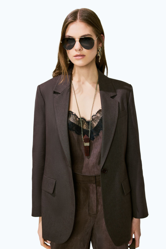 Keten Tek Düğmeli Blazer Ceket Kahve - Roman