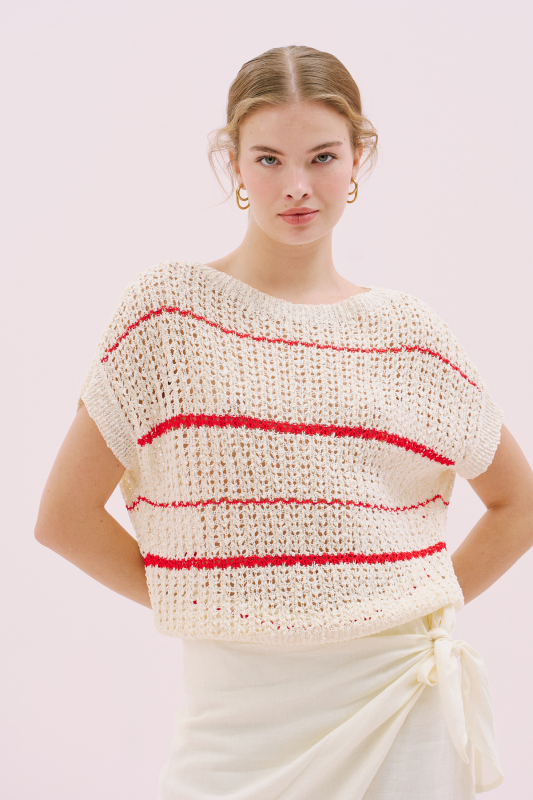 Kısa Kol Triko Bluz Ekru-Kırmızı - Roman