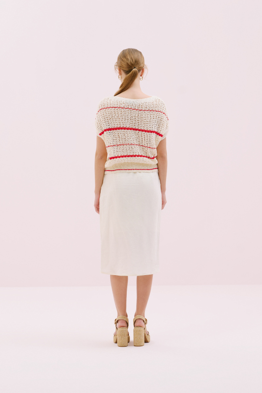 Kısa Kol Triko Bluz Ekru-Kırmızı - Roman (1)