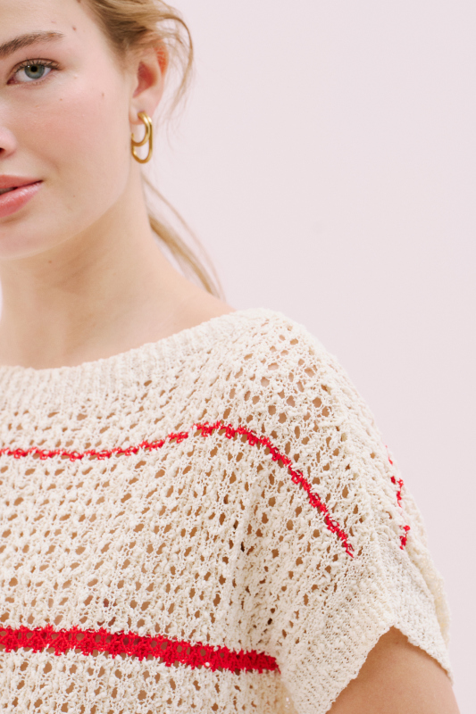 Kısa Kol Triko Bluz Ekru-Kırmızı - 3