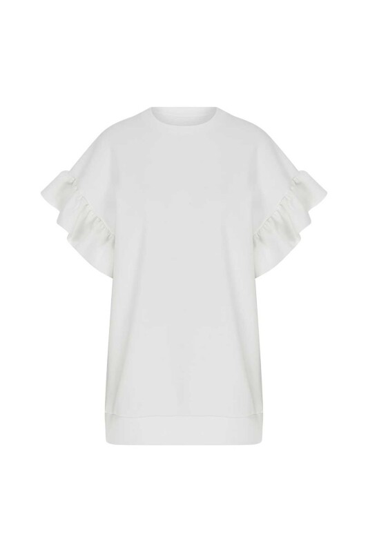  Kısa Kollu Pileli Kadın Sweatshirt Ekru - 4