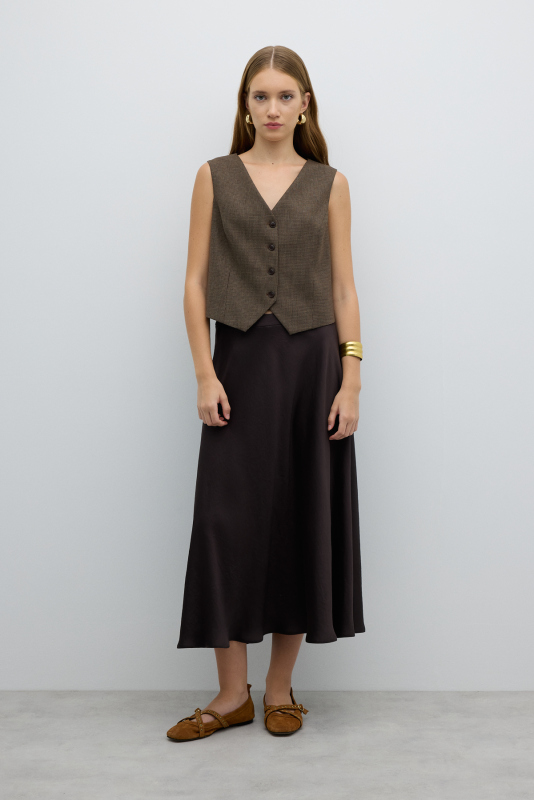 Kloş Midi Boy Saten Etek Acı Kahve - 1