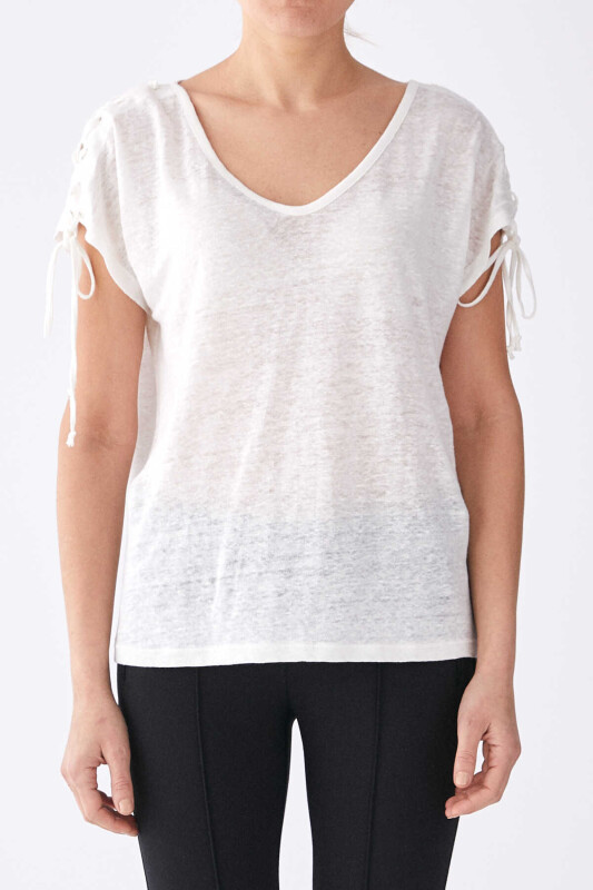 Kolları Bağcık Detaylı T-Shirt Ekru - 1