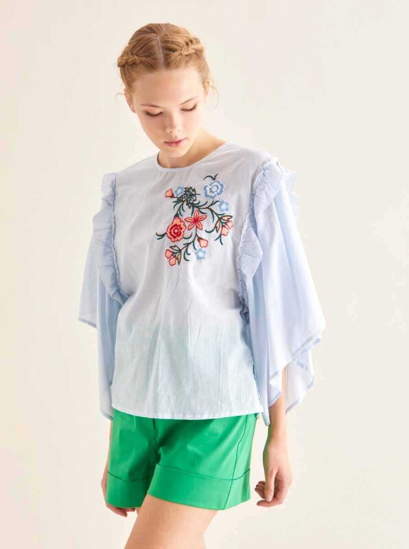 Kolları Çiçek Detaylı Gömlek Mavi - 3