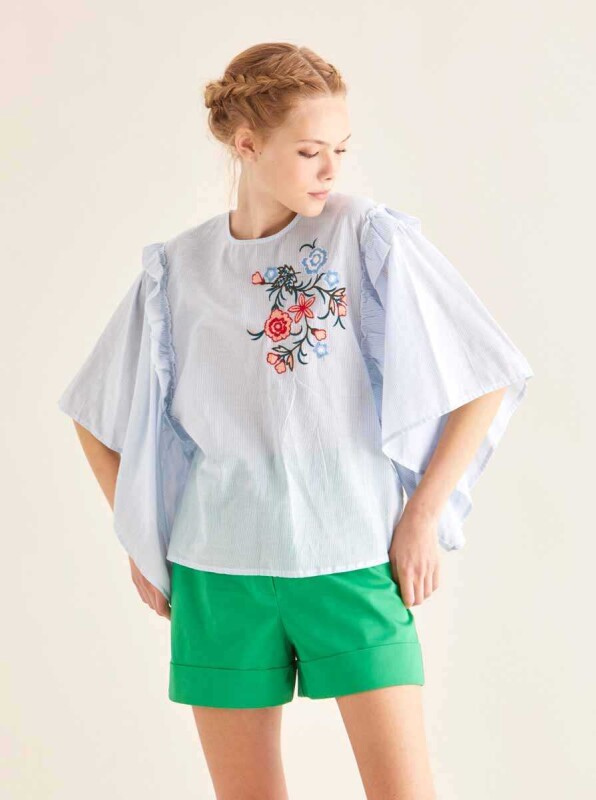 Kolları Çiçek Detaylı Gömlek Mavi - 1