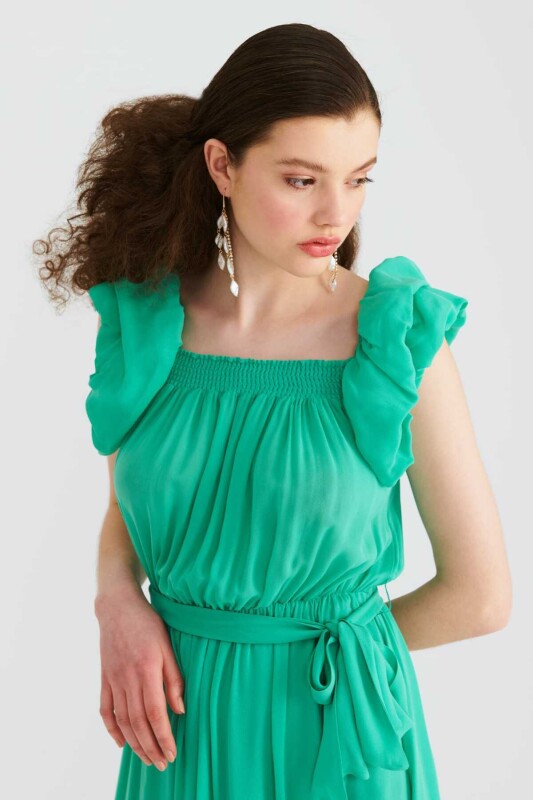 Kolları Fırfırlı Abiye Elbise Cam Göbeği - 3