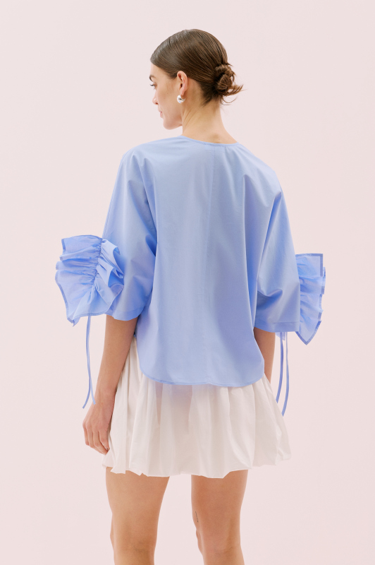 Kolları Fırfırlı V Yaka Bluz Mavi - 3