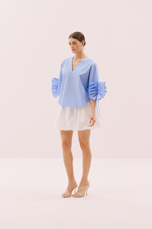 Kolları Fırfırlı V Yaka Bluz Mavi - 4