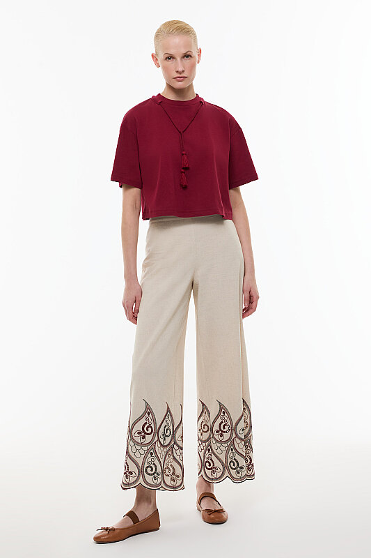 Kordon Detaylı T-shirt Bordo - 3