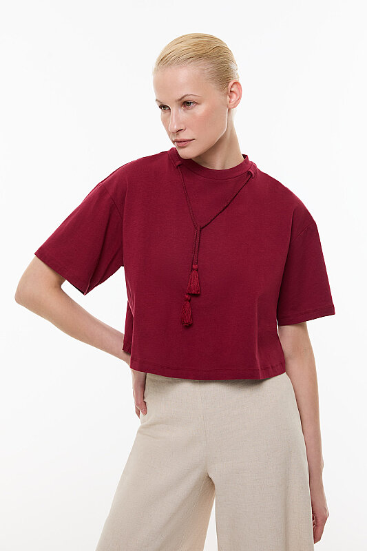 Kordon Detaylı T-shirt Bordo - Roman