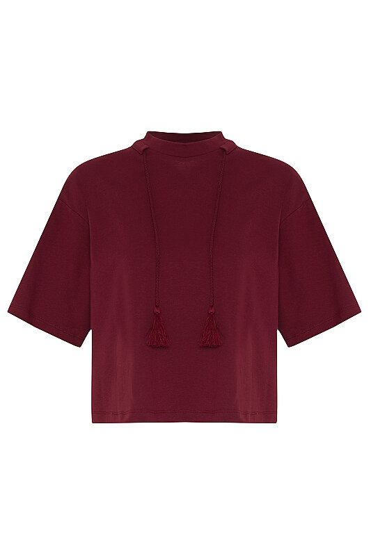 Kordon Detaylı T-shirt Bordo - 4