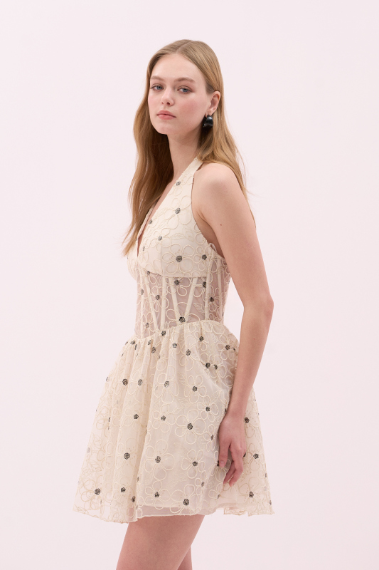 Korse Tipli Halter Yaka Mini Elbise Ekru - 3