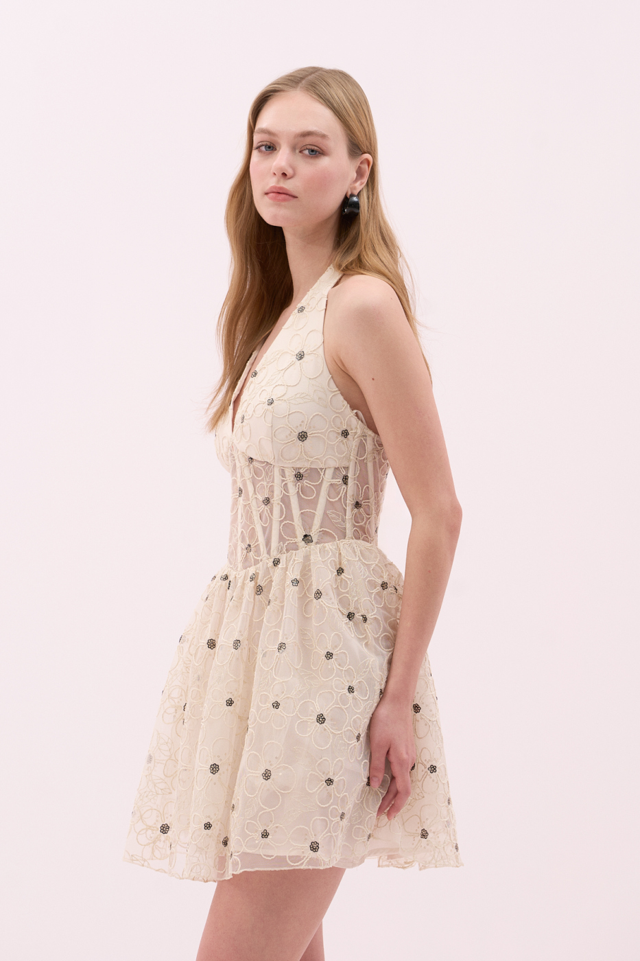 Korse Tipli Halter Yaka Mini Elbise Ekru - 3