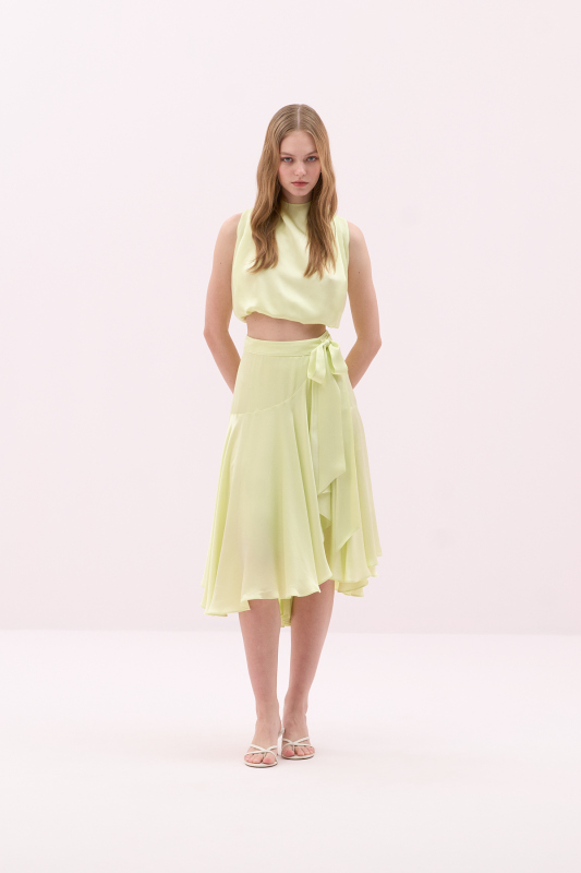 Kruvaze Asimetrik Midi Boy Saten Etek Sarı - 1