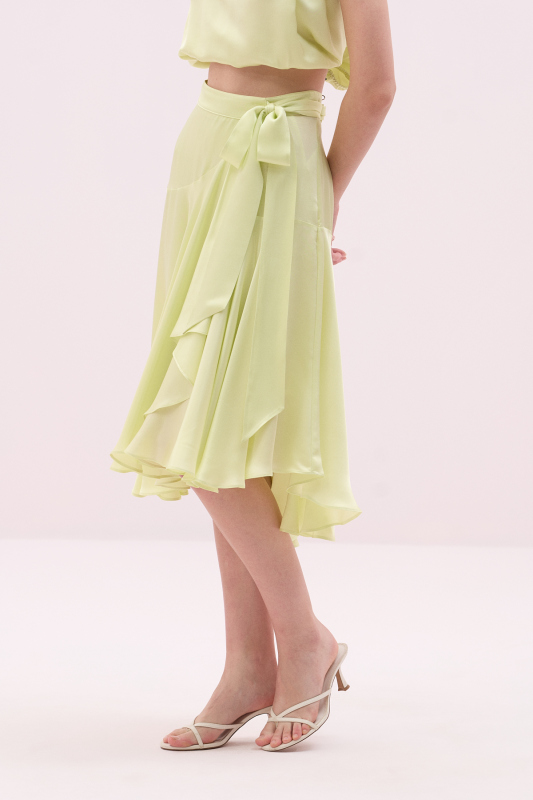 Kruvaze Asimetrik Midi Boy Saten Etek Sarı - 4