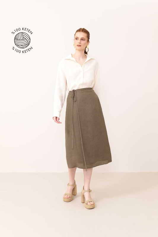 Kruvaze Bağlamalı Midi Boy Keten Etek Haki - 1