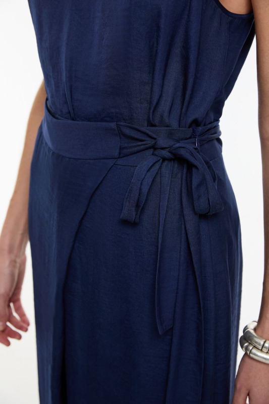 Kruvaze Görünümlü Bağlama Detaylı Geniş Paça Pantolon Lacivert - 4