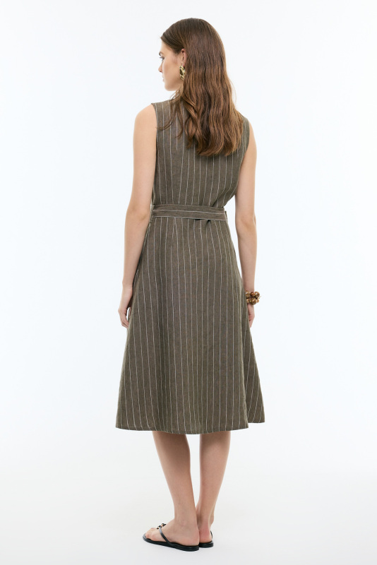 %100 Keten Kruvaze Görünümlü Beli Kemerli Midi Boy Elbise Haki - Roman (1)