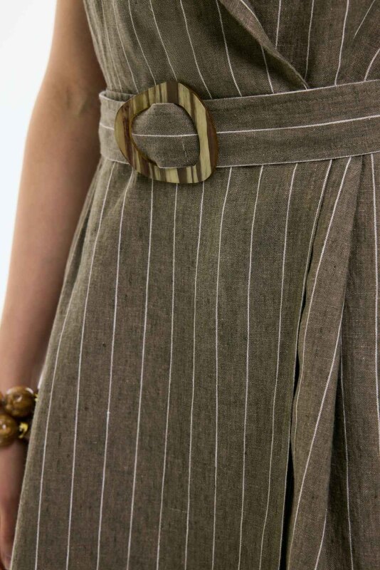 %100 Keten Kruvaze Görünümlü Beli Kemerli Midi Boy Elbise Haki - 3