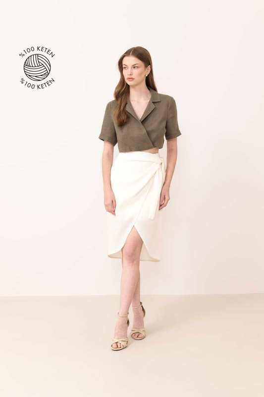 Kruvaze Görünümlü Keten Etek Bej - 1