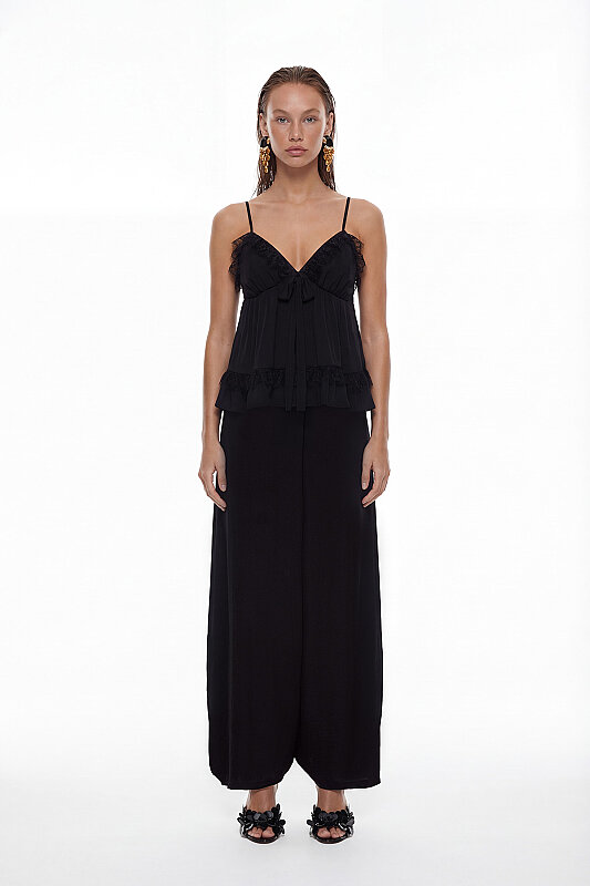 Kruvaze Görünümlü Saten Şalvar Pantolon Siyah - Roman