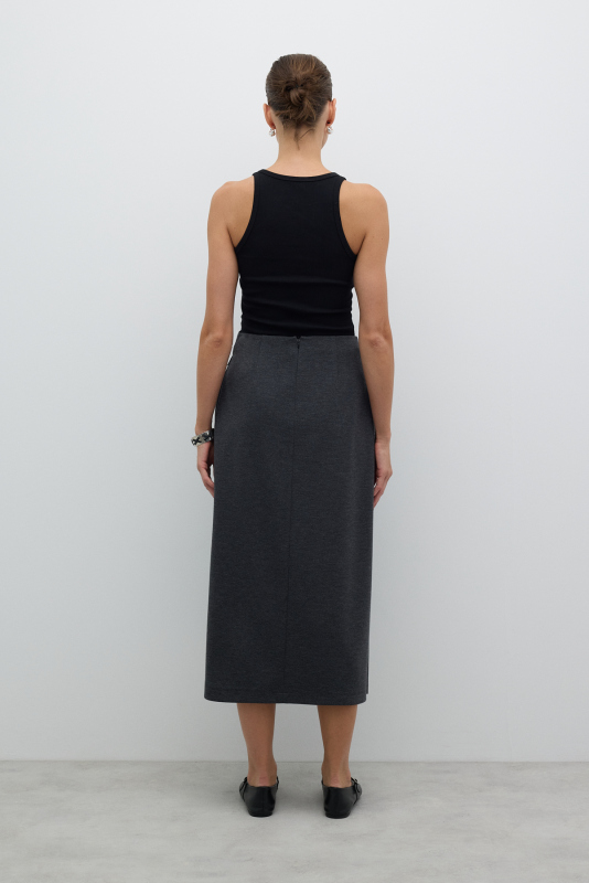 Kruvaze Görünümlü Süs Tokalı Midi Boy Etek Antrasit - 2