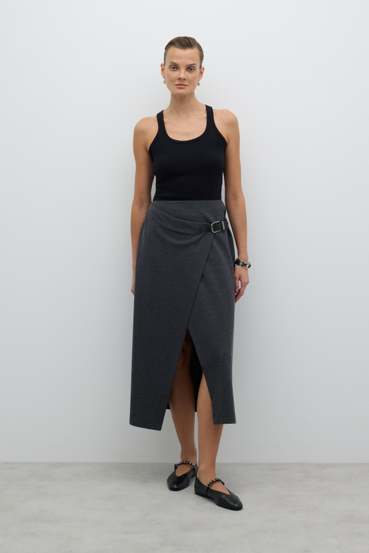 Kruvaze Görünümlü Süs Tokalı Midi Boy Etek Antrasit - 1