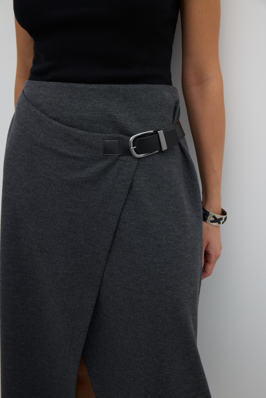 Kruvaze Görünümlü Süs Tokalı Midi Boy Etek Antrasit - 5