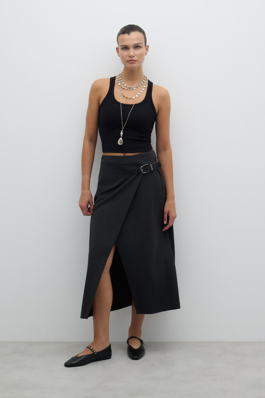 Kruvaze Görünümlü Süs Tokalı Midi Boy Etek K. Antrasit 