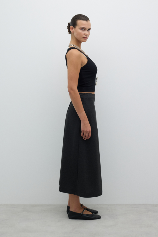 Kruvaze Görünümlü Süs Tokalı Midi Boy Etek K. Antrasit - 3