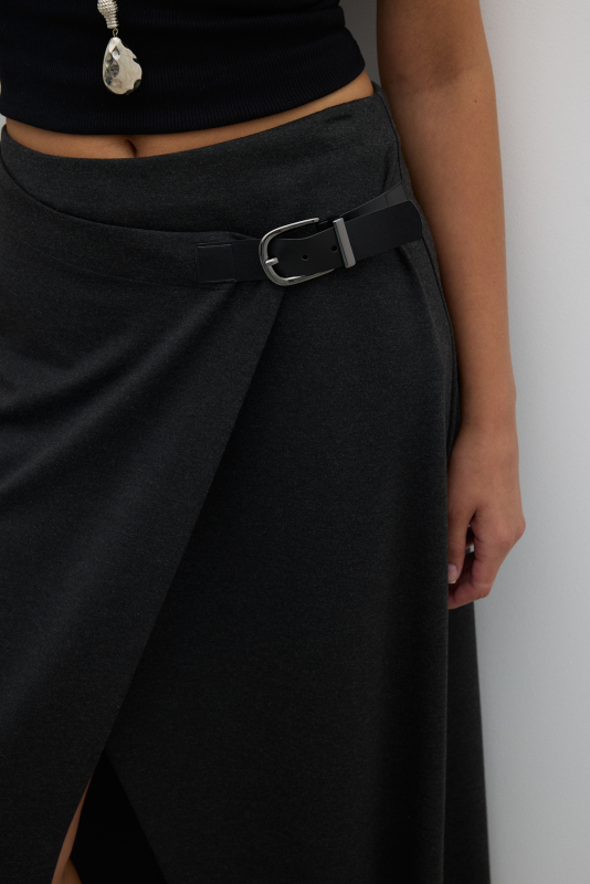 Kruvaze Görünümlü Süs Tokalı Midi Boy Etek K. Antrasit - 5