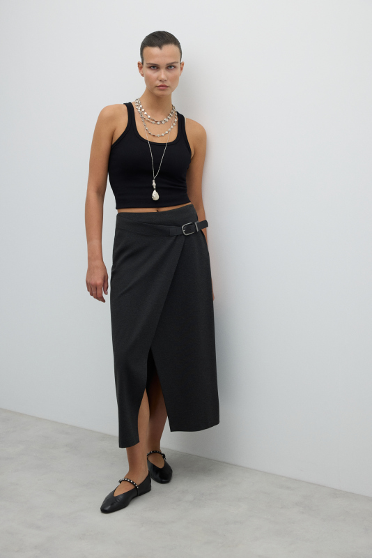 Kruvaze Görünümlü Süs Tokalı Midi Boy Etek K. Antrasit - 4