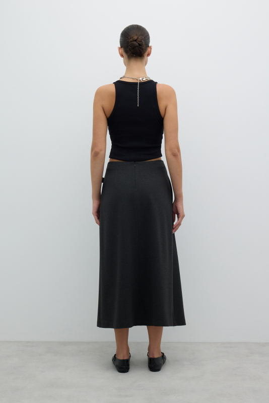 Kruvaze Görünümlü Süs Tokalı Midi Boy Etek K. Antrasit - 2