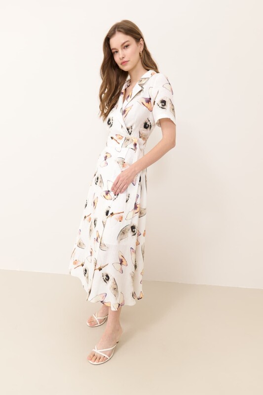 Kruvaze Midi Boy Keten Elbise Standart Renk - 3