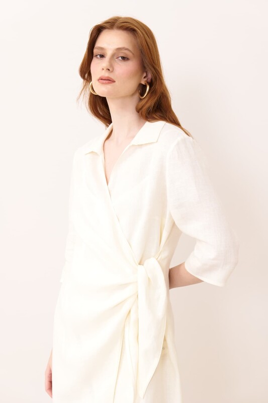 Kruvaze Midi Elbise Bej - 3