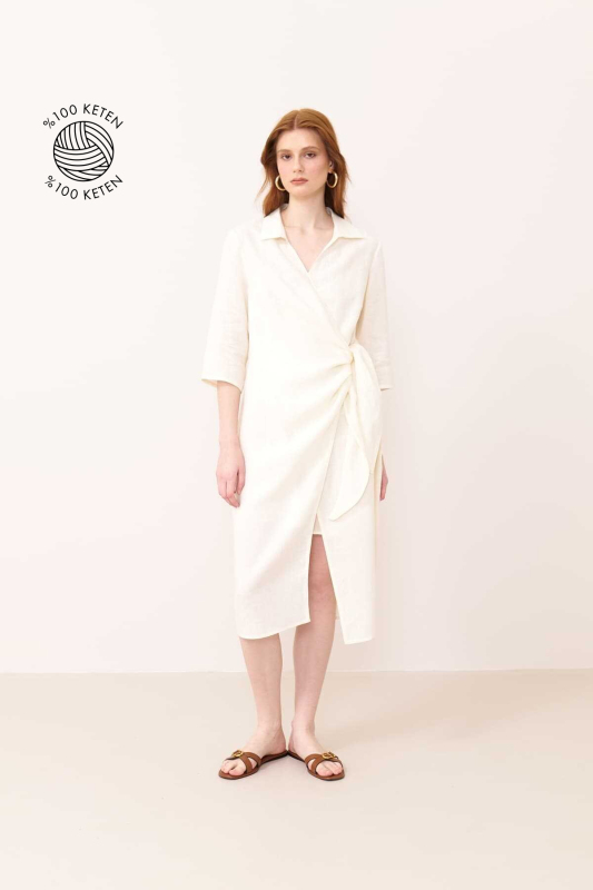 Kruvaze Midi Elbise Bej - Roman