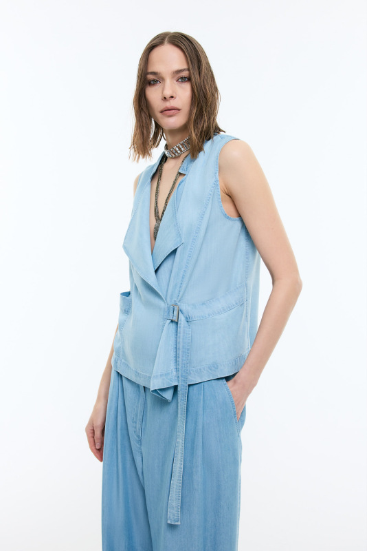 Kruvaze Yaka Denim Yelek Mavi - 3