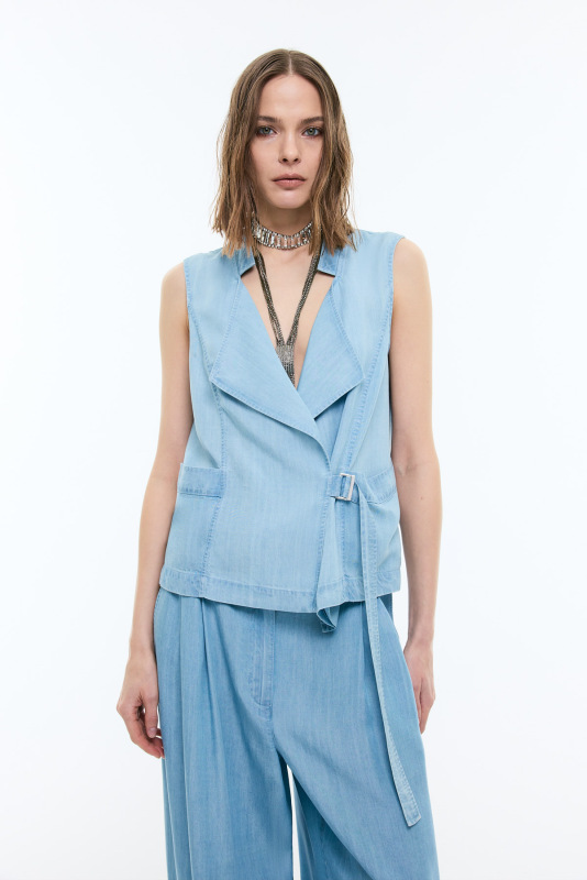 Kruvaze Yaka Denim Yelek Mavi - Roman