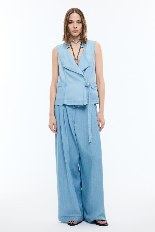 Kruvaze Yaka Denim Yelek Mavi - 4