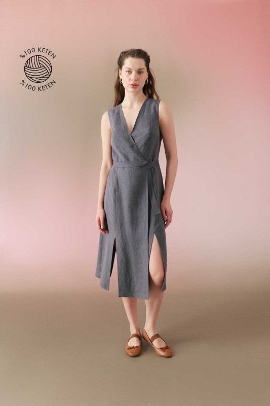 Kruvaze Yırtmaçlı Keten Elbise Antrasit - 1