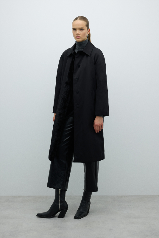 Kürk Detaylı Beli Kemerli Pardesü Siyah - Roman