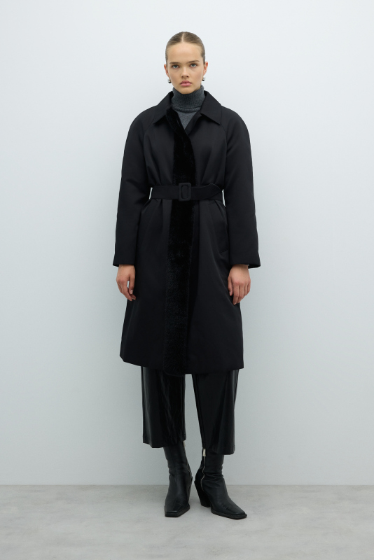 Kürk Detaylı Beli Kemerli Pardesü Siyah - 4
