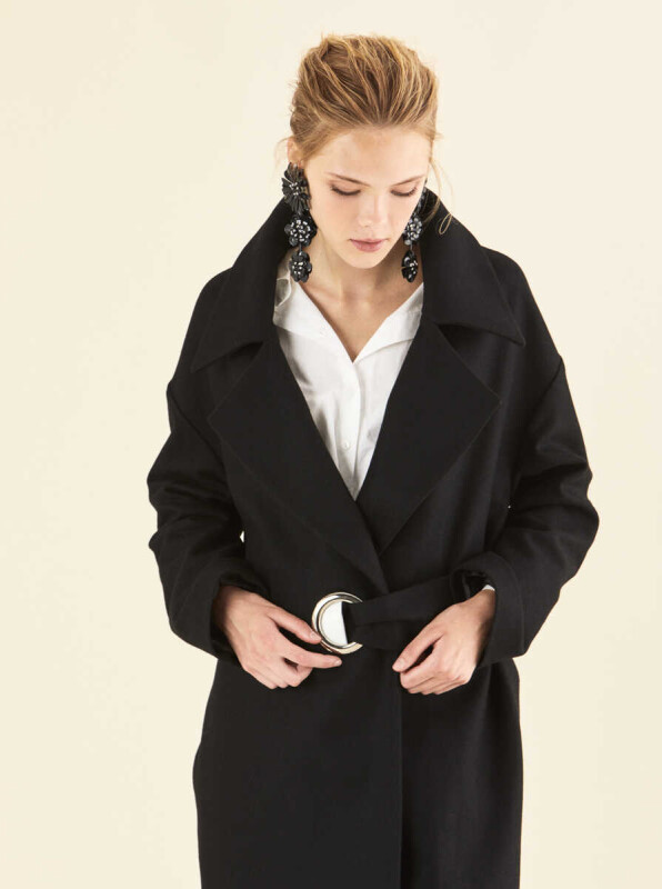 Kuş Gözü Kemerli Yün Kaban Siyah - 3