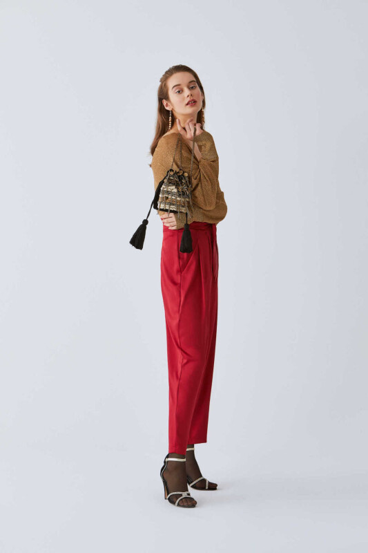  Kuşak Detaylı Kadın Pantolon Bordo - 3