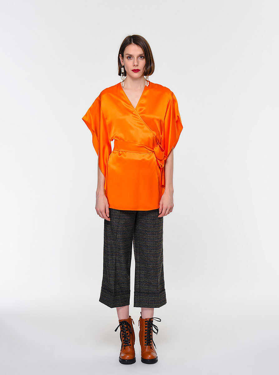 %100 İpek Kuşaklı Bluz Oranj - 1