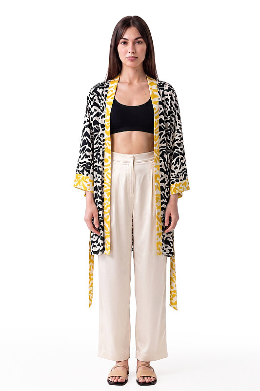 Kuşaklı Zebra Desenli Kimono Standart Renk - 1