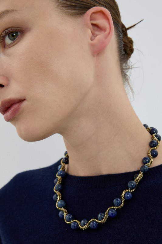 Lapis Lazuli Doğal Taş Burgu Zincir Kolye – Bronz Detaylı Lacivert - 1