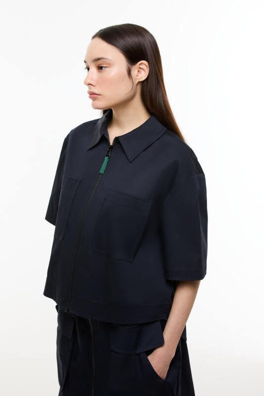 Önden Fermuarlı Çift Cepli Mont Ceket Lacivert - 4